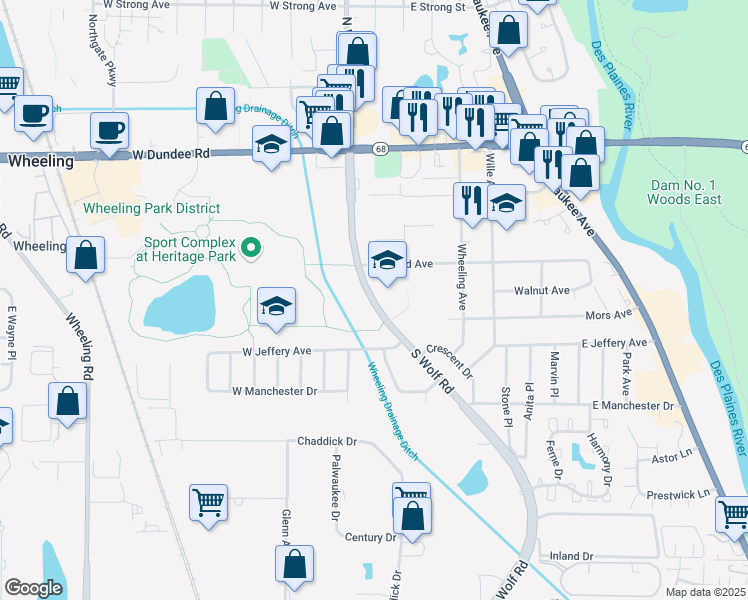 map of restaurants, bars, coffee shops, grocery stores, and more near 221 South Wolf Road in Wheeling
