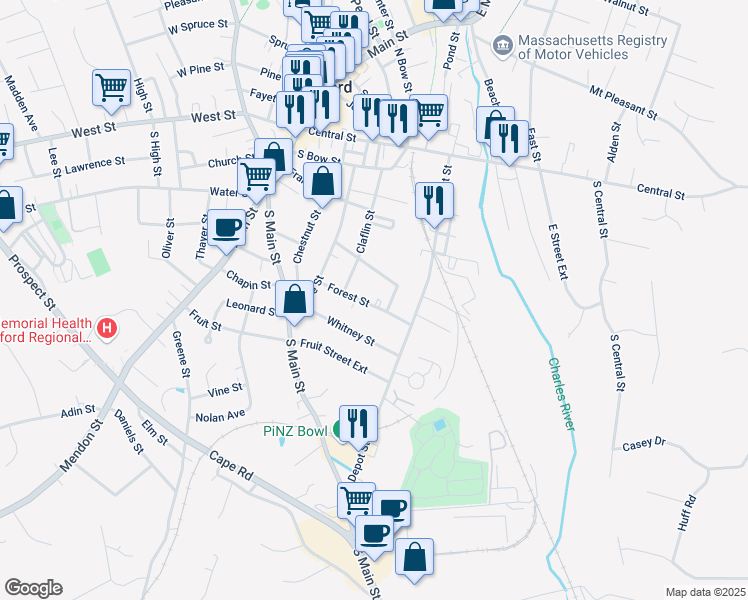 map of restaurants, bars, coffee shops, grocery stores, and more near 40 Forest Street in Milford
