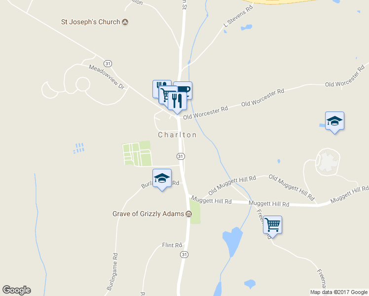 map of restaurants, bars, coffee shops, grocery stores, and more near 27 Main Street in Charlton