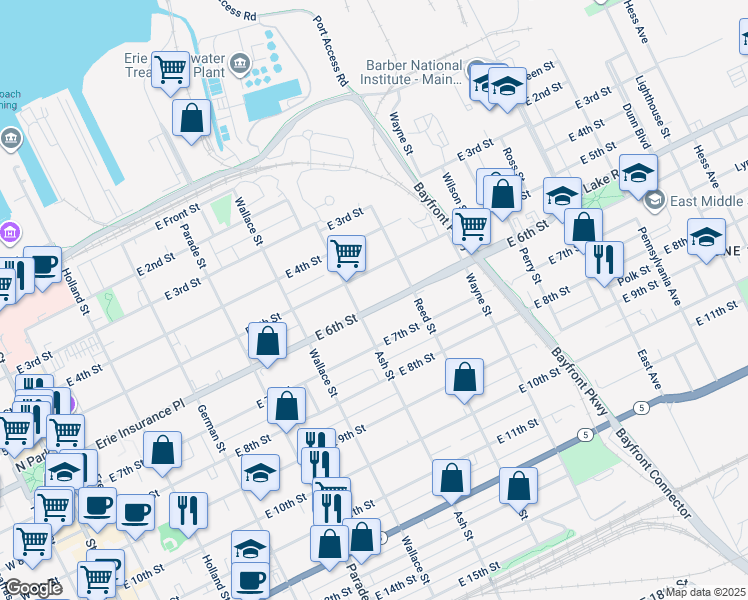 map of restaurants, bars, coffee shops, grocery stores, and more near 626 East 6th Street in Erie