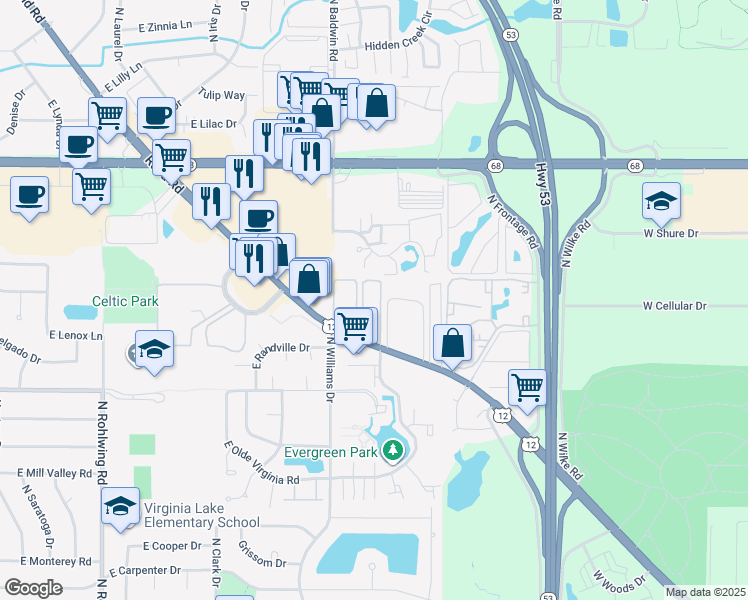 map of restaurants, bars, coffee shops, grocery stores, and more near 1319 Turtle Creek Circle in Palatine