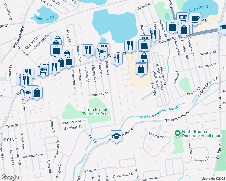 map of restaurants, bars, coffee shops, grocery stores, and more near 120-122 Slater Ave in Springfield
