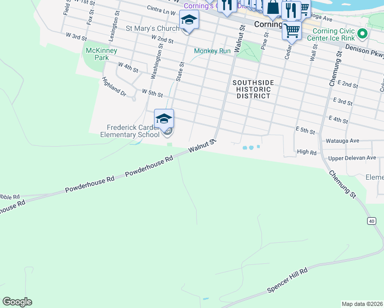 map of restaurants, bars, coffee shops, grocery stores, and more near 2954 Powderhouse Road in Corning