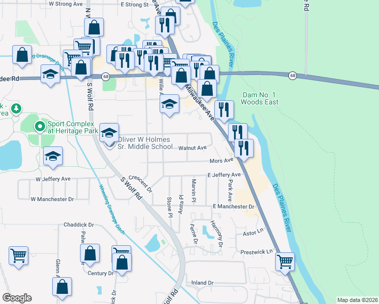 map of restaurants, bars, coffee shops, grocery stores, and more near 291 Lincoln Lane in Wheeling