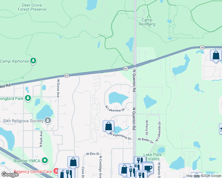 map of restaurants, bars, coffee shops, grocery stores, and more near 1265 North Lakeview Drive in Palatine