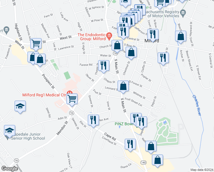 map of restaurants, bars, coffee shops, grocery stores, and more near 18 Leonard Street in Milford