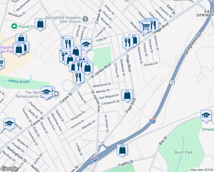 map of restaurants, bars, coffee shops, grocery stores, and more near 117 Oklahoma Street in Springfield