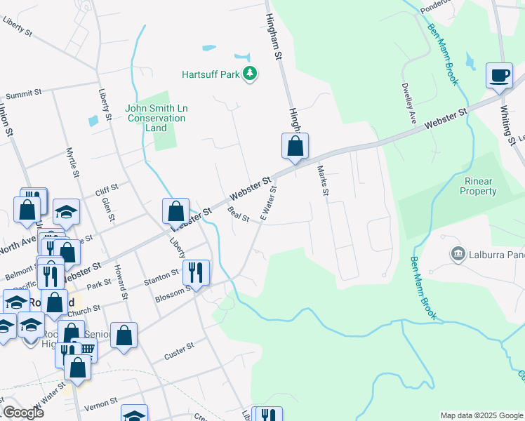 map of restaurants, bars, coffee shops, grocery stores, and more near 436 East Water Street in Rockland