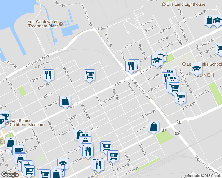 map of restaurants, bars, coffee shops, grocery stores, and more near 657 East 6th Street in Erie