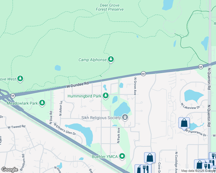 map of restaurants, bars, coffee shops, grocery stores, and more near 1320 North Deer Avenue in Palatine