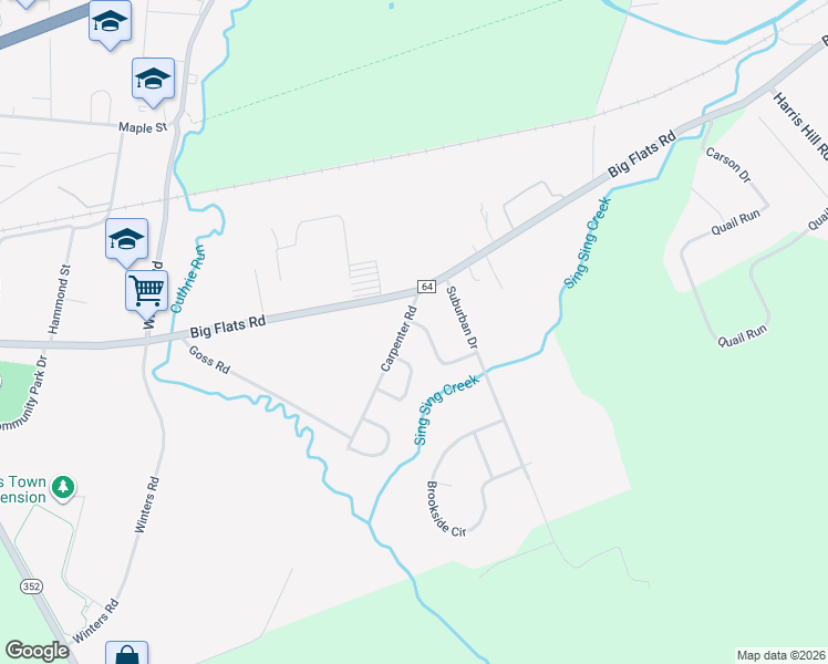 map of restaurants, bars, coffee shops, grocery stores, and more near 2 Foothill Road in Elmira