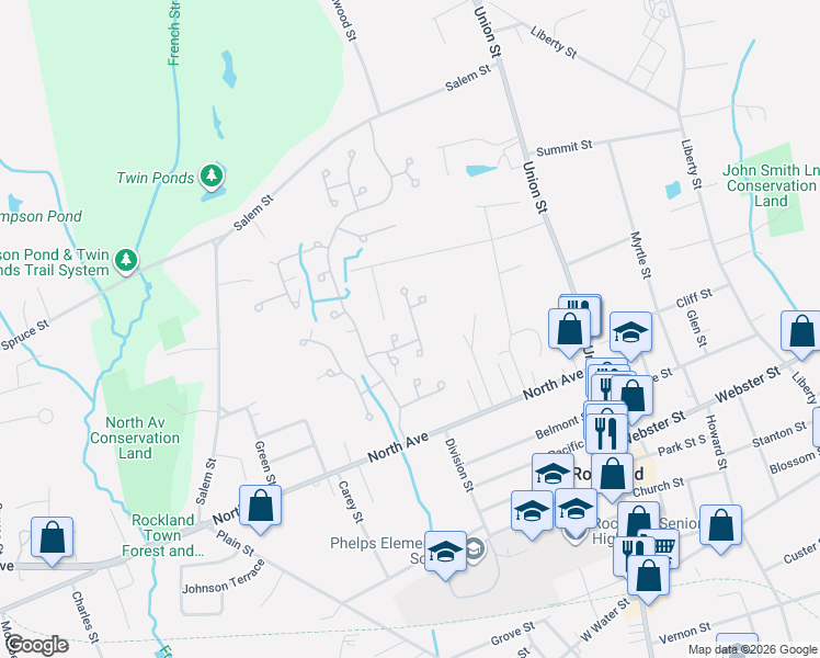 map of restaurants, bars, coffee shops, grocery stores, and more near 9 Cherry Circle in Rockland