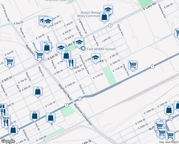 map of restaurants, bars, coffee shops, grocery stores, and more near 1112 East 10th Street in Erie