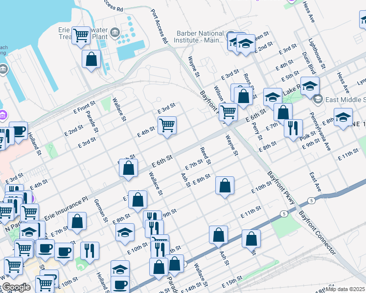 map of restaurants, bars, coffee shops, grocery stores, and more near 626 East 6th Street in Erie