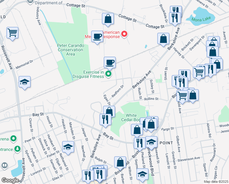 map of restaurants, bars, coffee shops, grocery stores, and more near 60 Redfern Drive in Springfield