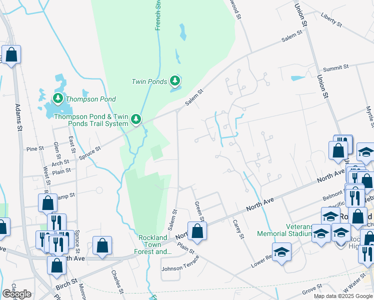 map of restaurants, bars, coffee shops, grocery stores, and more near 448 Salem St in Rockland