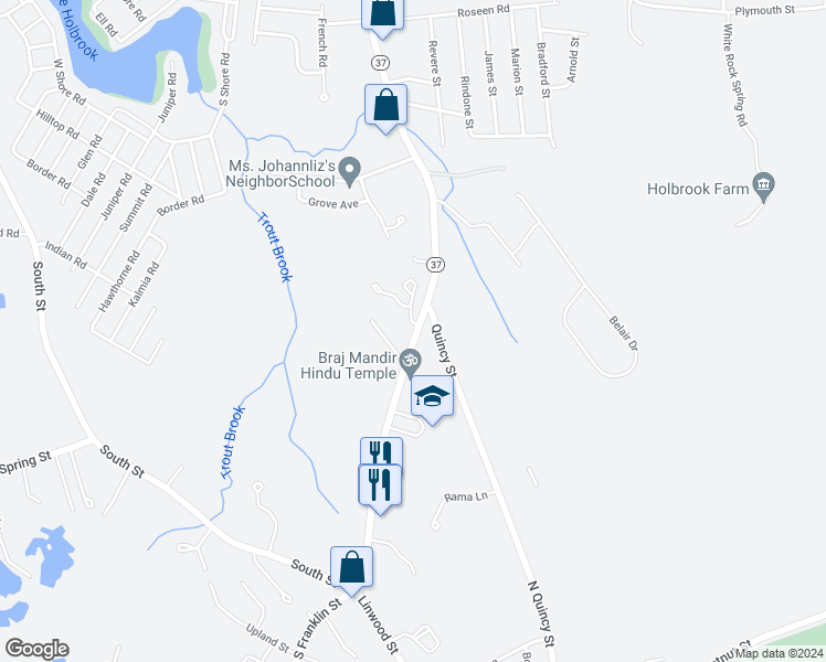 map of restaurants, bars, coffee shops, grocery stores, and more near 627 South Franklin Street in Holbrook
