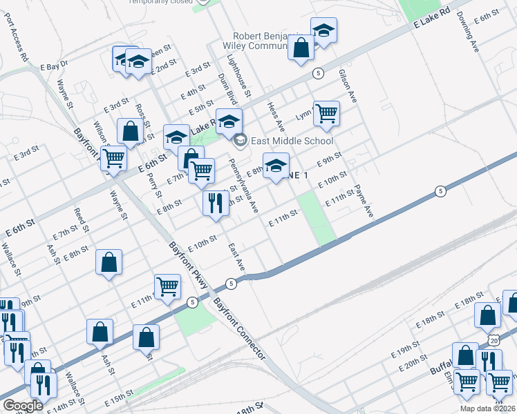 map of restaurants, bars, coffee shops, grocery stores, and more near 1112 East 10th Street in Erie