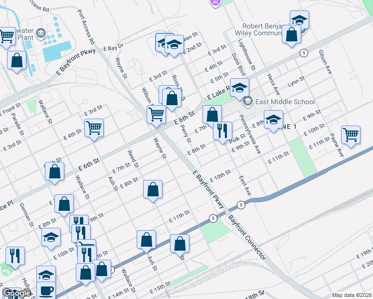 map of restaurants, bars, coffee shops, grocery stores, and more near 904 East 8th Street in Erie