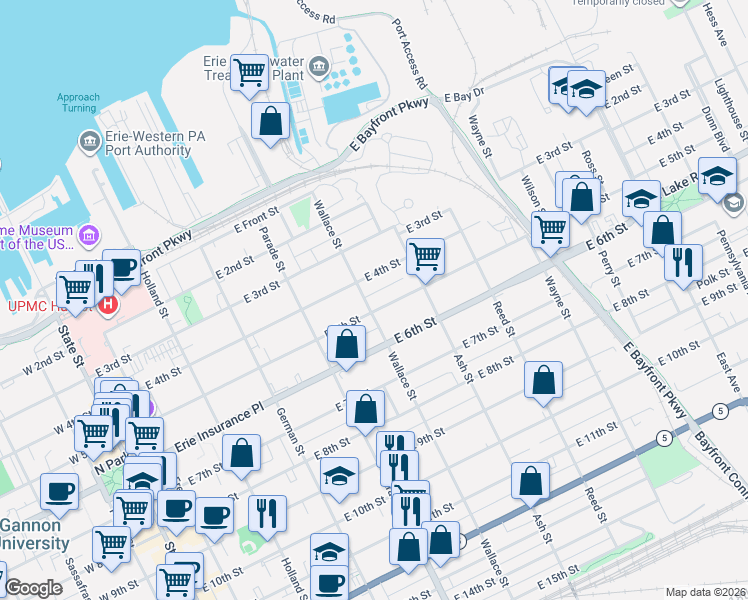 map of restaurants, bars, coffee shops, grocery stores, and more near 520 East 5th Street in Erie