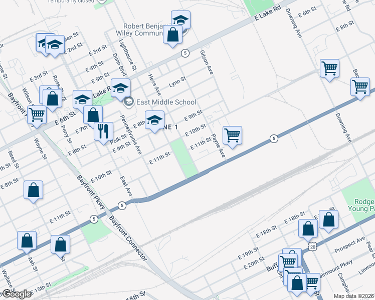 map of restaurants, bars, coffee shops, grocery stores, and more near 1301 East 11th Street in Erie