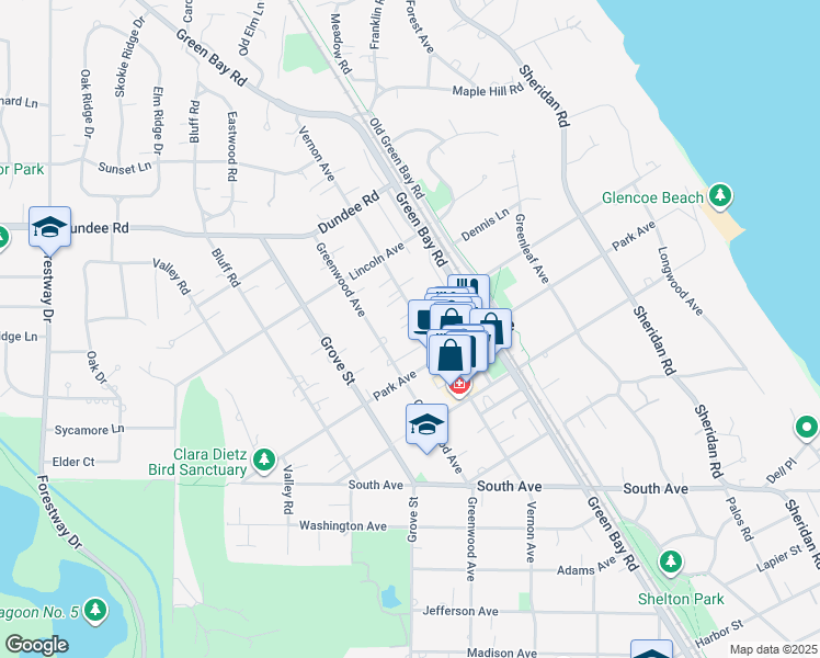 map of restaurants, bars, coffee shops, grocery stores, and more near 742 Vernon Avenue in Glencoe