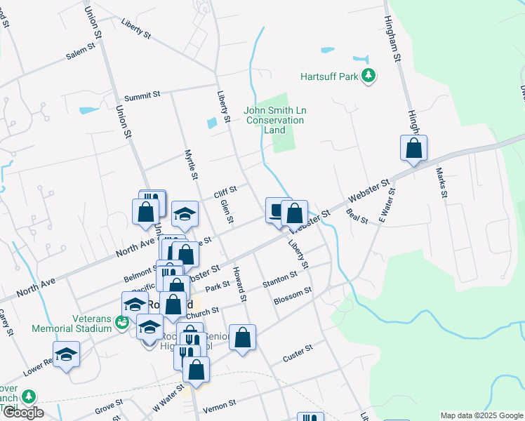 map of restaurants, bars, coffee shops, grocery stores, and more near 493 Liberty Street in Rockland