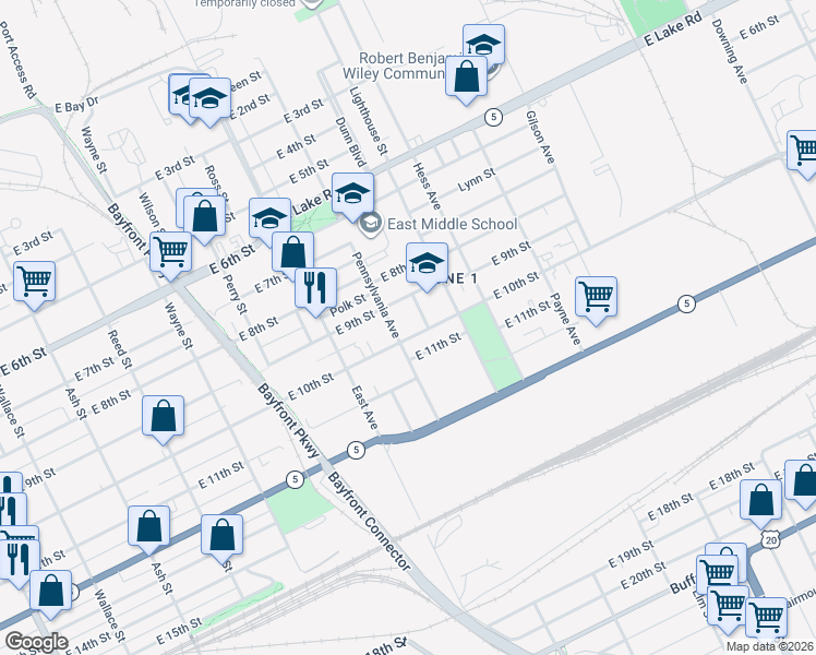 map of restaurants, bars, coffee shops, grocery stores, and more near 1112 E 10th St in Erie