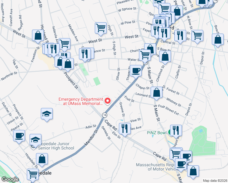 map of restaurants, bars, coffee shops, grocery stores, and more near 12R Bacon Slip in Milford