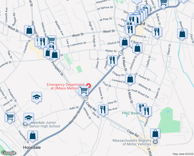 map of restaurants, bars, coffee shops, grocery stores, and more near 12R Bacon Slip in Milford