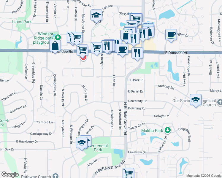 map of restaurants, bars, coffee shops, grocery stores, and more near 3212 North Ellen Drive in Arlington Heights