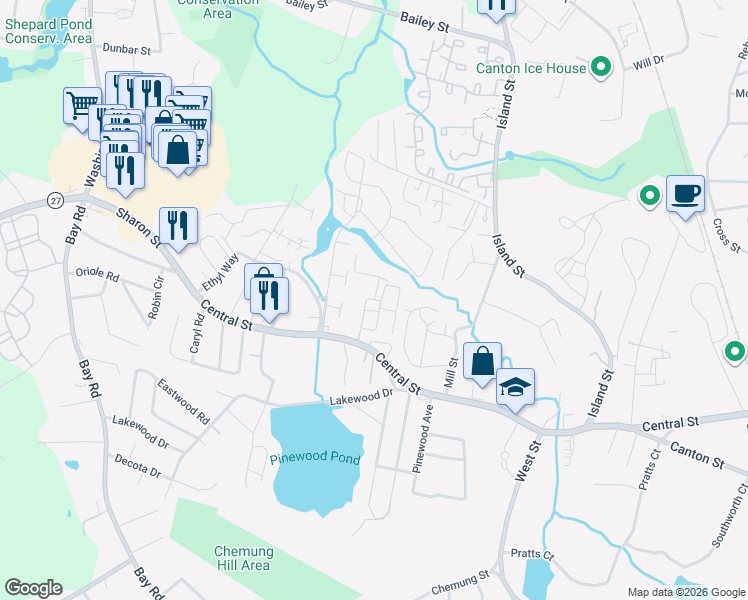 map of restaurants, bars, coffee shops, grocery stores, and more near 115 Wheeler Circle in Stoughton