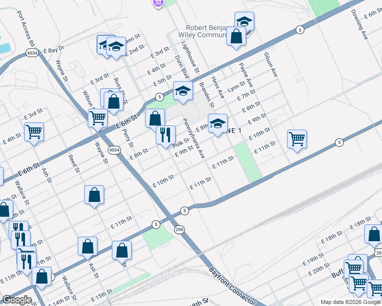 map of restaurants, bars, coffee shops, grocery stores, and more near 1037 East 9th Street in Erie