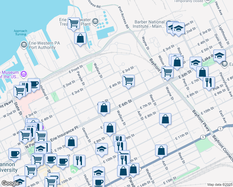 map of restaurants, bars, coffee shops, grocery stores, and more near 520 East 5th Street in Erie