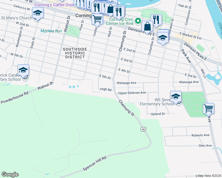 map of restaurants, bars, coffee shops, grocery stores, and more near 315 Chemung Street in Corning