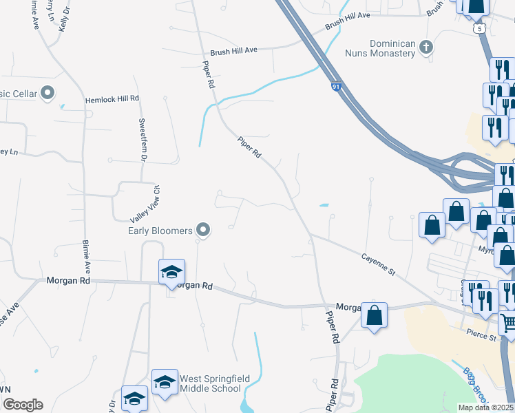 map of restaurants, bars, coffee shops, grocery stores, and more near Canterbury Way in West Springfield