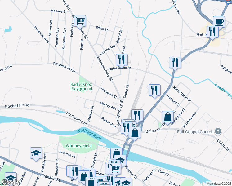 map of restaurants, bars, coffee shops, grocery stores, and more near 44 Montgomery Street in Westfield