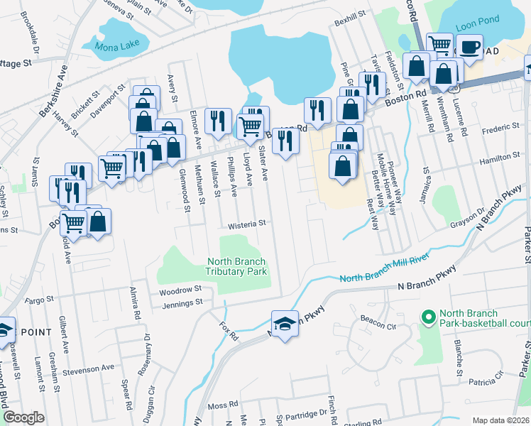 map of restaurants, bars, coffee shops, grocery stores, and more near 120-122 Slater Avenue in Springfield