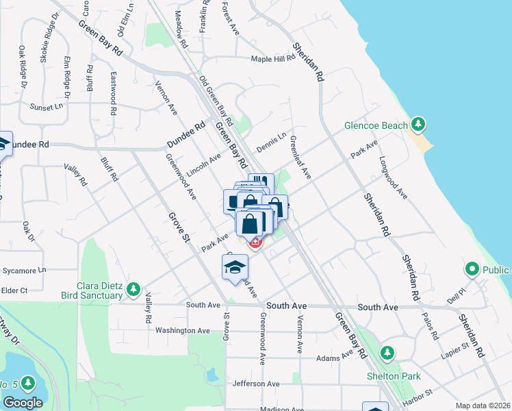 map of restaurants, bars, coffee shops, grocery stores, and more near 338 Tudor Court in Glencoe