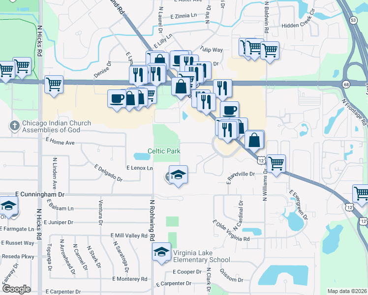 map of restaurants, bars, coffee shops, grocery stores, and more near 1475 North Winslowe Drive in Palatine