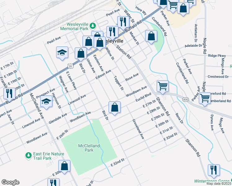 map of restaurants, bars, coffee shops, grocery stores, and more near 2415 Eastern Avenue in Erie
