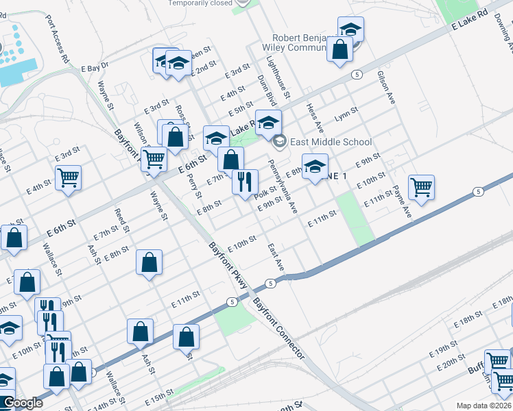 map of restaurants, bars, coffee shops, grocery stores, and more near 835 East Avenue in Erie