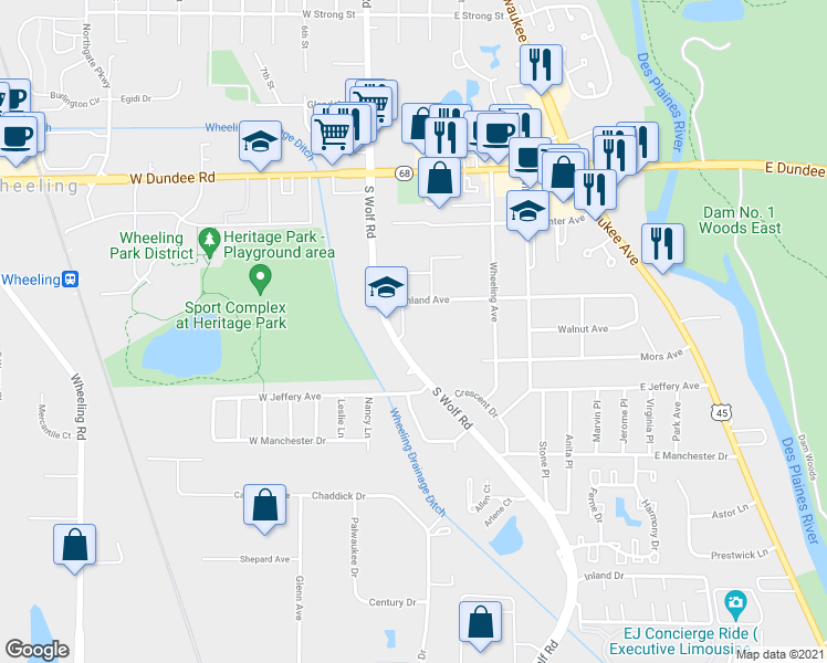 map of restaurants, bars, coffee shops, grocery stores, and more near 221 South Wolf Road in Wheeling