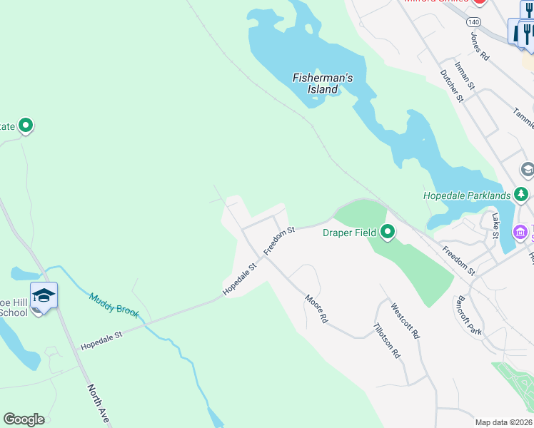 map of restaurants, bars, coffee shops, grocery stores, and more near 7 Western Avenue in Hopedale