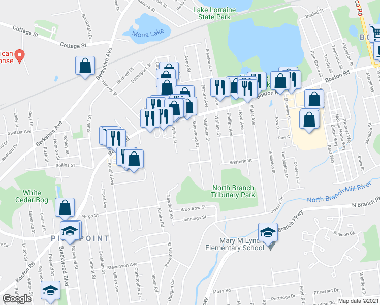 map of restaurants, bars, coffee shops, grocery stores, and more near 15-17 Otis Court in Springfield