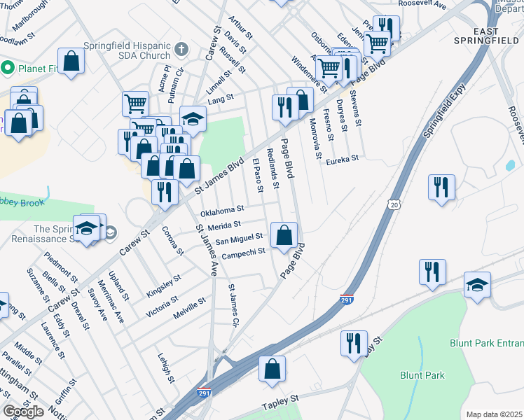 map of restaurants, bars, coffee shops, grocery stores, and more near 159 Oklahoma Street in Springfield