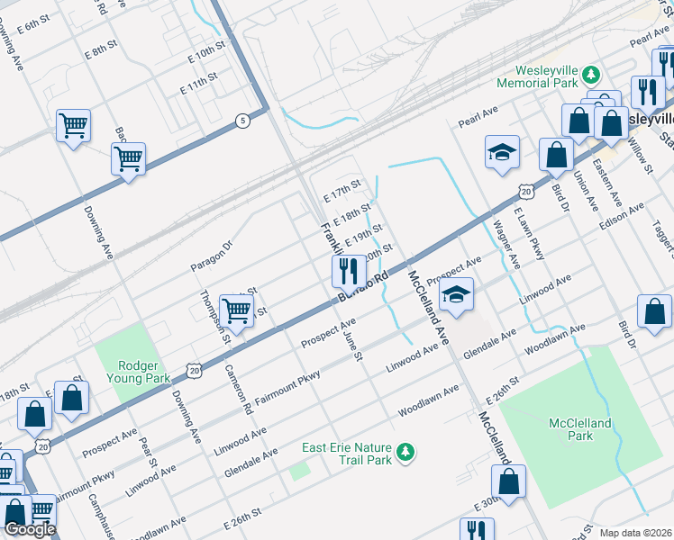 map of restaurants, bars, coffee shops, grocery stores, and more near 2124 E 20th St in Erie