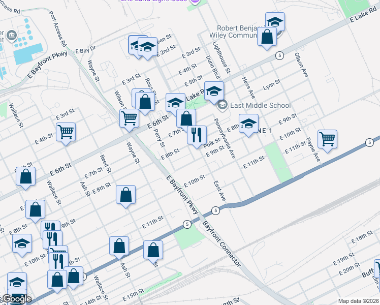 map of restaurants, bars, coffee shops, grocery stores, and more near 937 East 8th Street in Erie