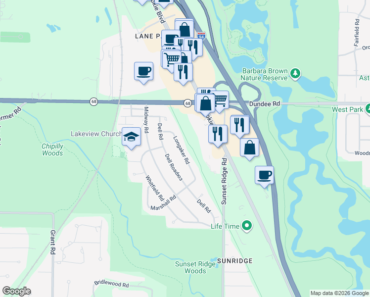 map of restaurants, bars, coffee shops, grocery stores, and more near 1011 Longaker Road in Northbrook
