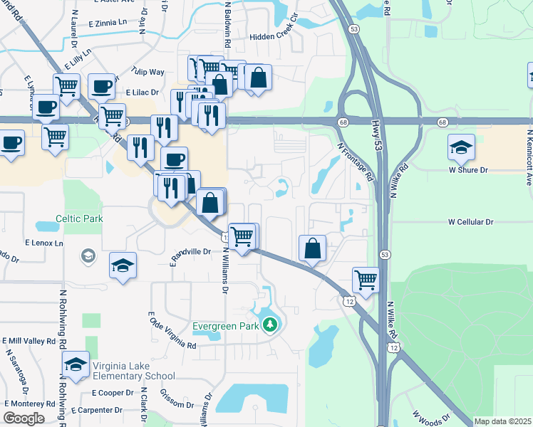 map of restaurants, bars, coffee shops, grocery stores, and more near 1319 Turtle Creek Circle in Palatine